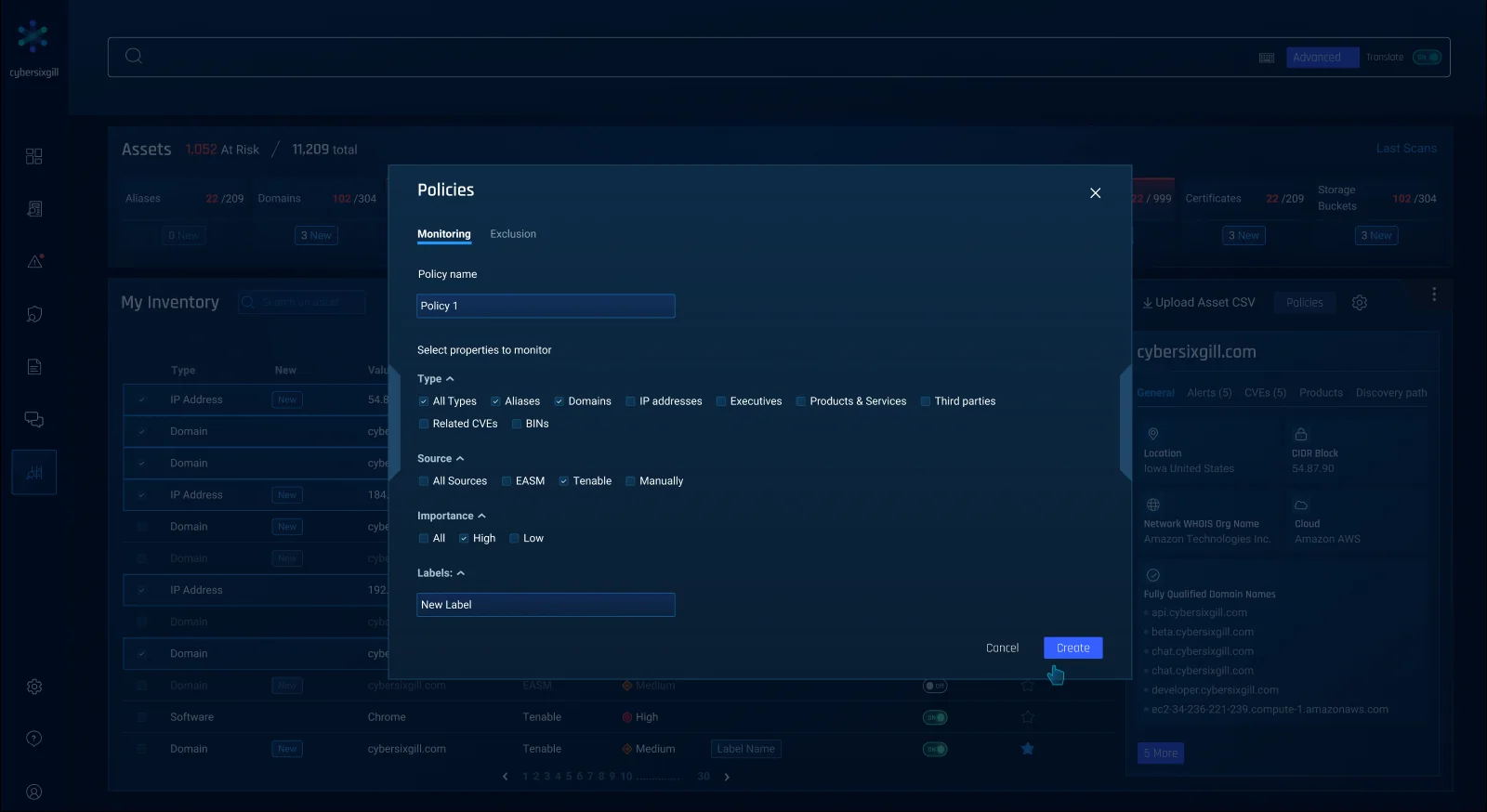 Policies dialog: name a policy and choose asset types, sources, importance and labels to monitor