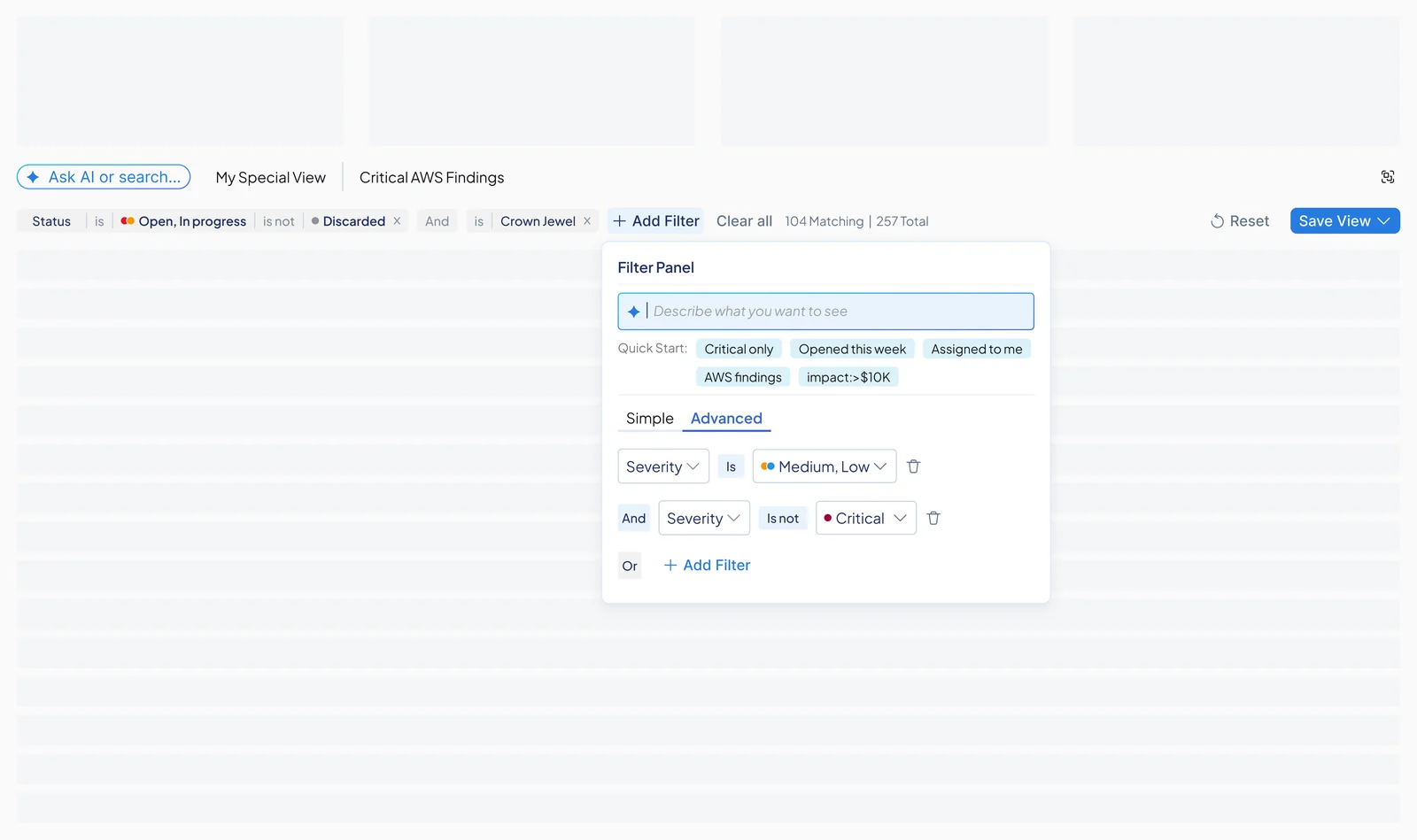 Final design in Figma: the filter bar with saved views, active chips, and the Advanced panel showing Severity is Medium, Low and Severity is not Critical