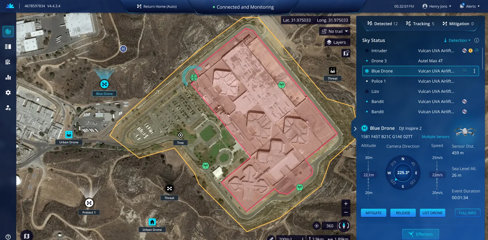The redesigned Sentrycs real-time screen: satellite map with drone markers and zones, and the sky status and drone detail panels on the right
