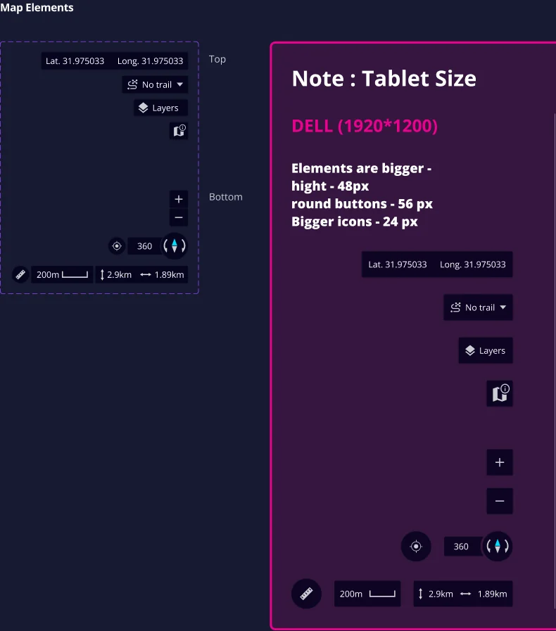 Tablet sizing note: on the 1920 by 1200 tablet, controls are 48px high, round buttons 56px and icons 24px